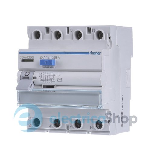 Дифференциальное реле 4P, 6kA, 25A,30mA, A, Hager CDA425D