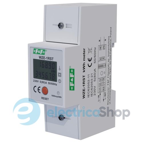 Счетчик электроэнергии WZE-1RST F&F DIN 2мод. 1-ф 5А (80A) 230V/AC