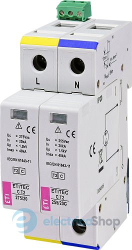 Обмежувач перенапруги тип II, ETITEC C T2 275/20 (1+1) 2p, RC ETI 2440402