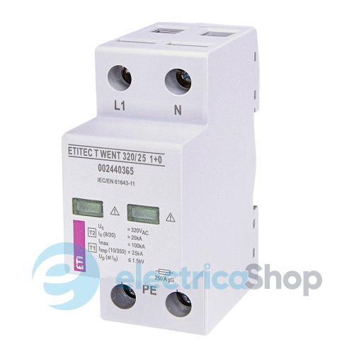 Ограничитель перенапряжения тип I+II, ETITEC T WENT 320/25 (1+0, 2p, TNC) RC ETI 2440365