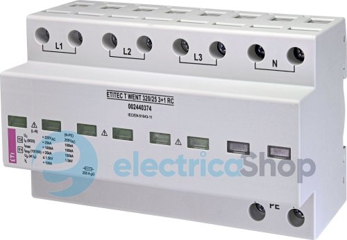 Обмежувач перенапруги тип I+II, ETITEC T WENT 320/25 (3+1, 8p, TT) ETI 2440369