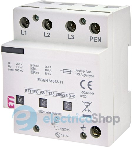 Ограничитель перенапряжения тип I+II+III, ETITEC VS T123 255/25 (3+0) ETI 2442937