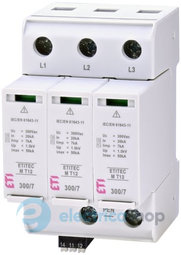 Ограничитель перенапряжения тип II, ETITEC M T12 300/7 (3+0, 3p, TNC) RC ETI 2440505