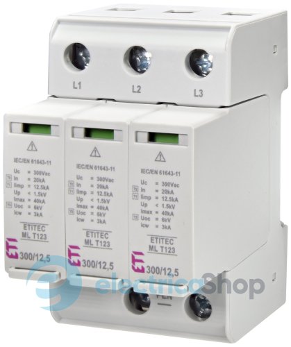 Обмежувач перенапруги тип I+II+III, ETITEC ML T123 300/12,5 (3+0, 3p, TNC) ETI 2440665