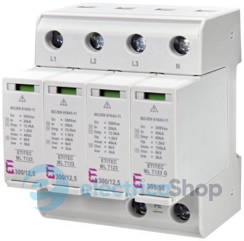 Обмежувач перенапруги тип I+II+III, ETITEC ML T123 300/12,5 (3+1, 4p, TT) ETI 2440671