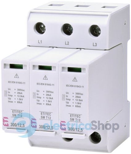 Обмежувач перенапруги тип I+II, ETITEC SM T12 300/12,5 (3+0, 3p, TNC) ETI 2440544