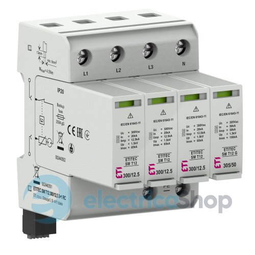 Ограничитель перенапряжения тип I+II, ETITEC SM T12 300/12,5 (3+1, 4p, TT) RC ETI 2440551