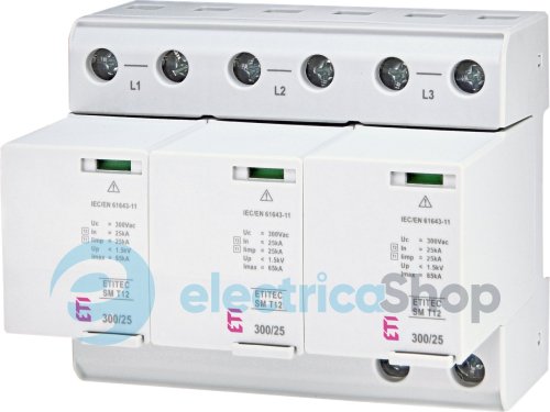 Обмежувач перенапруги тип I+II, ETITEC SM T12 300/25 (3+0, 6p, TNC) ETI 2440560
