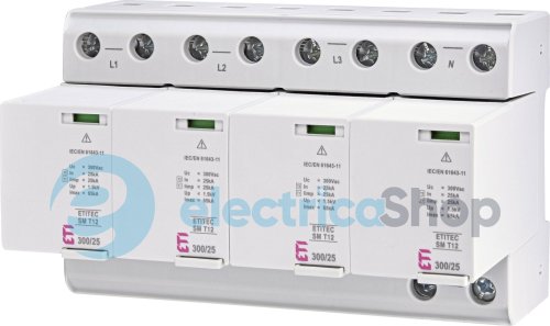 Обмежувач перенапруги тип I+II, ETITEC SM T12 300/25 (4+0, 8p, TNC-S) ETI 2440572