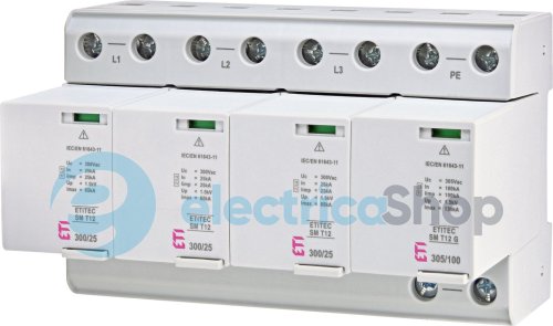 Обмежувач перенапруги тип I+II, ETITEC SM T12 300/25 (3+1, 8p, TT) ETI 2440562