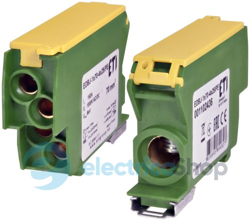 Распределительный блок EDBJ-1x70-4x25/PE (192A, 1000V AC/1500V DC, IN: 1x70, OUT: 4x25, окт.-зел.) ETI 1102436