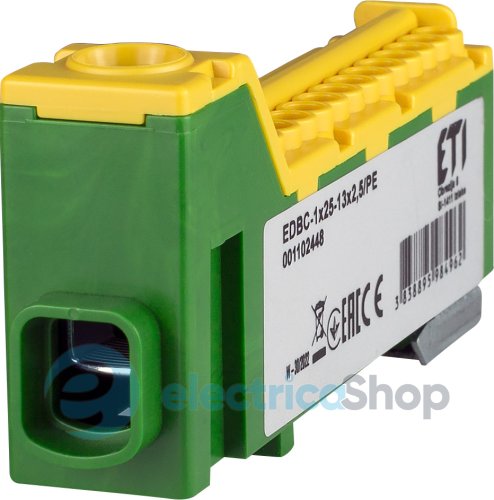 Распределительный блок EDBC-1x25-13x2,5/PE (63A, 1000V AC/1500V DC, IN: 1x25, OUT: 13x2,5; окт.-зел.) ETI 1102448