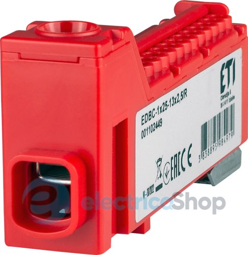 Распределительный блок EDBC-1x25-13x2,5/R (63A, 1000V AC/1500V DC, IN: 1x25, OUT: 13x2,5; красный) ETI 1102449