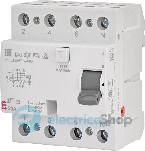 Дифференциальное реле (УЗО) 4р EFI6-P4 16/0,03 тип A (6kA), ETI 2061660