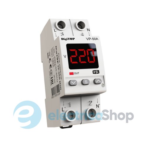 Реле напряжения 1ф. 50А VP-50A M2R DigiTOP, DIN, красный индикатор