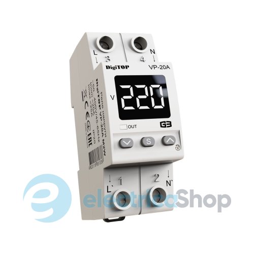 Реле напруги 1ф. 20А, DIN, VP-20A M2W DigiTOP білий індикатор