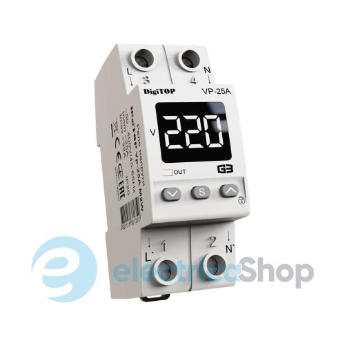 Реле напруги 1ф. 25А, DIN, VP-25A M2W DigiTOP білий індикатор