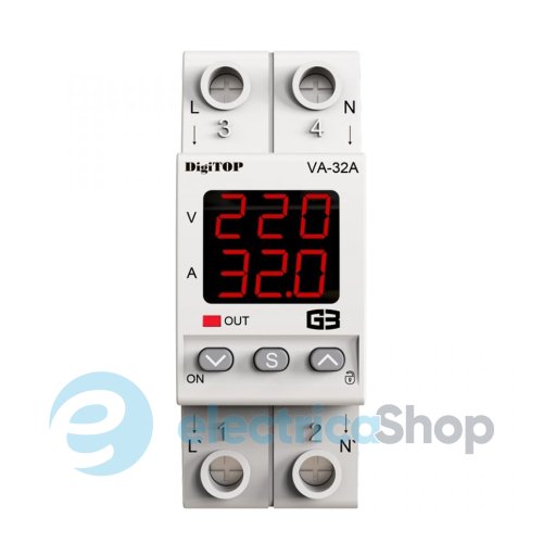 Реле напряжения с контролем по току 1ф. 32А (max 40A) VА-32A M2R DigiTOP, с термозащитой, красная индикация