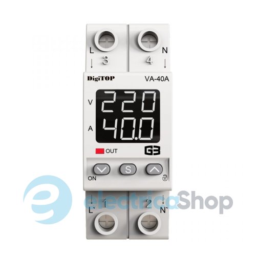 Реле напряжения с контролем по току 1ф. 40А (max 50A) VА-40A M2W DigiTOP, с термозащитой, белая индикация