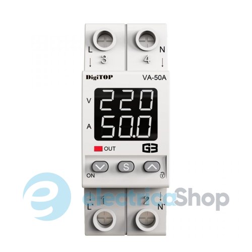 Реле напряжения с контролем по току 1ф. 50А (max 63A) VА-50A M2W DigiTOP, с термозащитой, белая индикация
