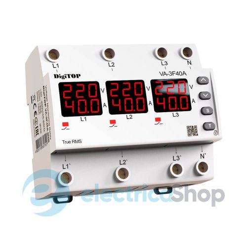 Реле напруги та струму 3ф. 40А, DIN, DigiTOP VA-3F40A M6R, червоний індикатор