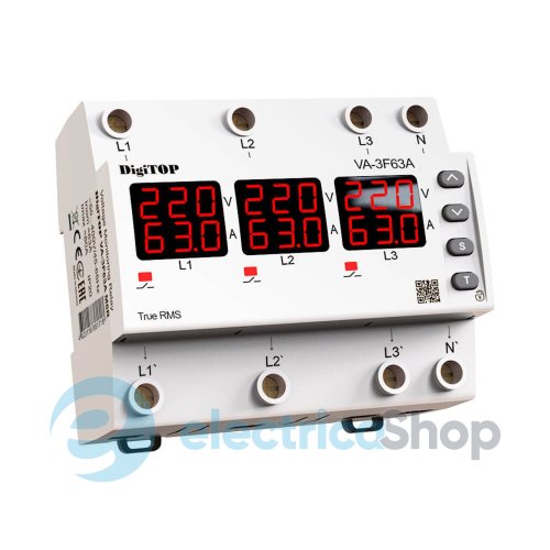 Реле напряжения и тока 3ф. 63А DigiTOP VA-3F63A M6R, красный индикатор