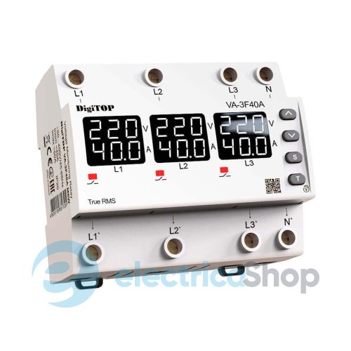 Реле напруги та струму 3ф. 40А, DIN, DigiTOP VA-3F40A M6W, білий індикатор