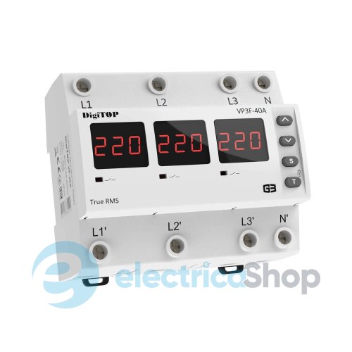 Реле напряжения 3ф. 40А DigiTOP VP-3F40A M6R, красный индикатор