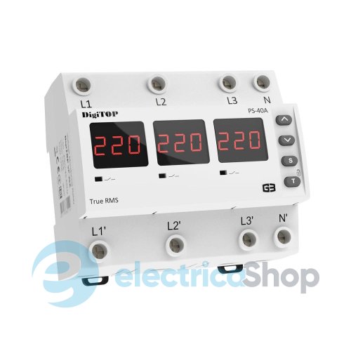 Переключатель фаз 1ф/3ф 40А DigiTOP PS-40A M6R, красный индикатор