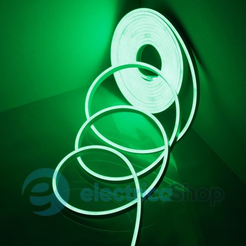 Светодиодный неон 24V, 9,6 Вт/м, GREEN Led Neon IP65 2835-120-12x18-24 RISHANG RX22C0TC-A, коннектор 90 град с кабелем, с другой стороны глухая заглушка (19720)