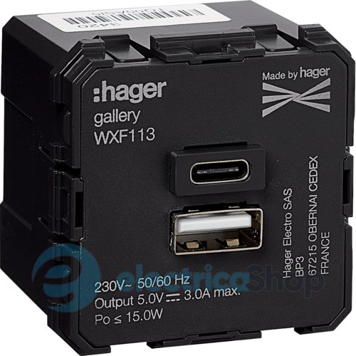 Механізм розетки 1xUSB-A, 1xUSB-C, 3А, Lumina/Gallery, Hager WXF113