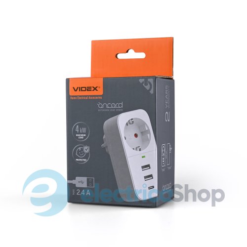 Мережевий адаптер VIDEX ONCORD з/з 1п 2.4A 2USB+USB-C White (27697)