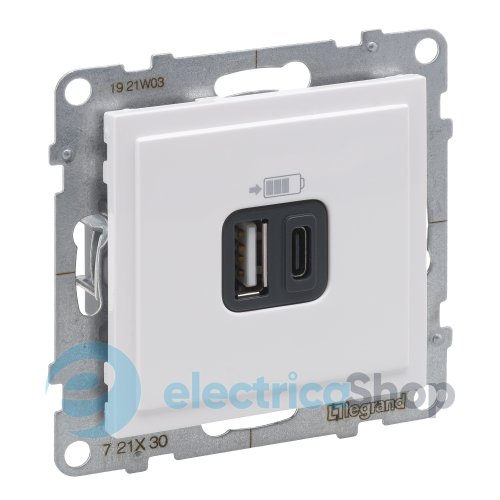 Розетка для зарядки USB А+C 12Вт+15Вт/5V для серии SUNO Legrand 721130 белый