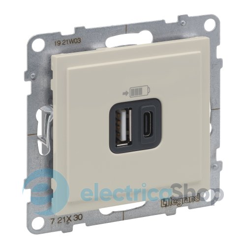 Розетка для зарядки USB А+C 12Вт+15Вт/5V для серии SUNO Legrand 721230 слоновая кость
