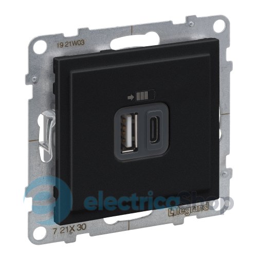 Розетка для зарядки USB А+C 12Вт+15Вт/5V для серии SUNO Legrand 721430 черный