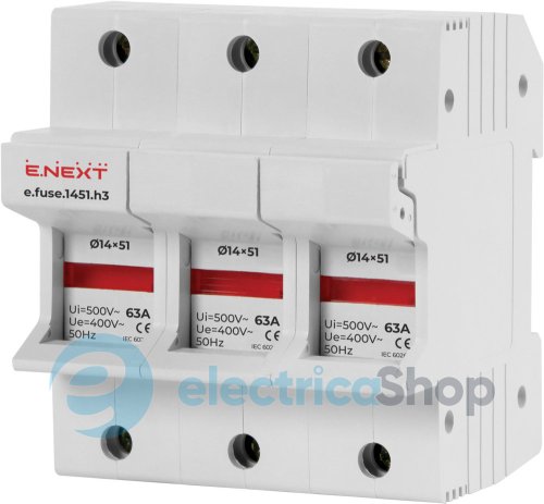 Утримувач запобіжника на Дін-рейку e.fuse.1451.h3, під запобіжник 14х51, 3р, 63А i0300006 E.NEXT