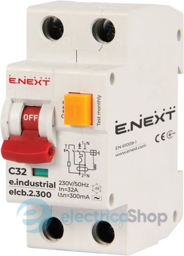 Диференційний автомат e.industrial.elcb.2.C32.300, 2р, 32А, С, 300мА i0230012 E.NEXT
