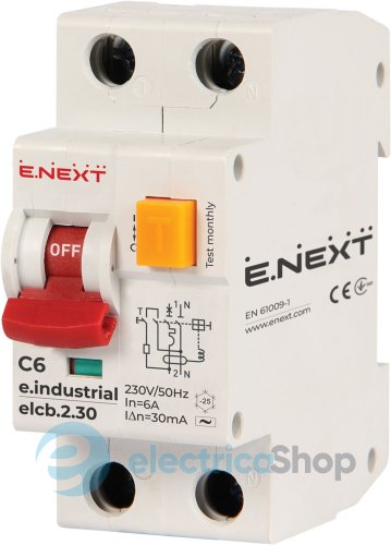 Диференційний автомат e.industrial.elcb.2.C06.30, 2р, 06А, C, 30мА i0230001 E.NEXT