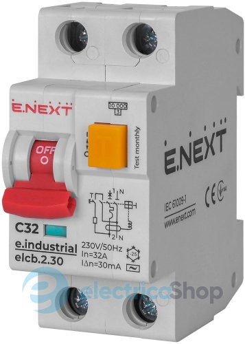 Диференційний автомат e.industrial.elcb.2.C32.30, 2р, 32А, С, 30мА i0230006 E.NEXT