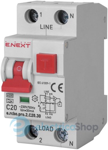 Диференційний автомат  e.rcbo.pro.2.C20.30, 1P+N, 20А, С, тип А, 30мА p0720027 E.NEXT