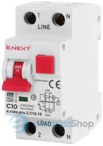 Диференційний автомат  e.rcbo.pro.2.C10.10, 1P+N, 10А, С, тип А, 10мА p0720002 E.NEXT