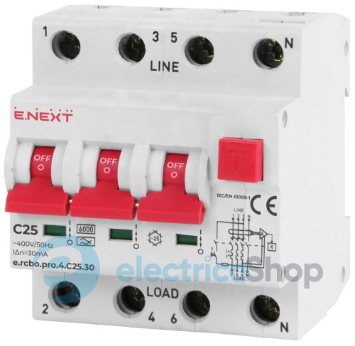 Диференційний автомат  e.rcbo.pro.4.C25.30, 3P+N, 25А, С, тип А, 30мА p0720016 E.NEXT