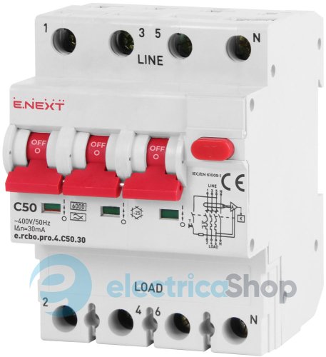 Диференційний автомат  e.rcbo.pro.4.C50.30, 3P+N, 50А, С, тип А, 30мА p0720019 E.NEXT