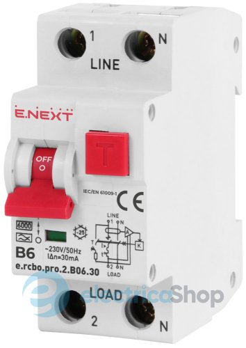 Диференційний автомат  e.rcbo.pro.2.B06.30, 1P+N, 6А, В, тип А, 30мА p0720004 E.NEXT