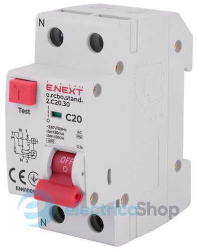 Дифференциальный автомат  e.rcbo.stand.2.C20.30, 1P+N, 20А, С, 30мА s034104 E.NEXT