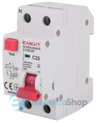 Дифференциальный автомат  e.rcbo.stand.2.C25.30, 1P+N, 25А, С, 30мА s034105 E.NEXT