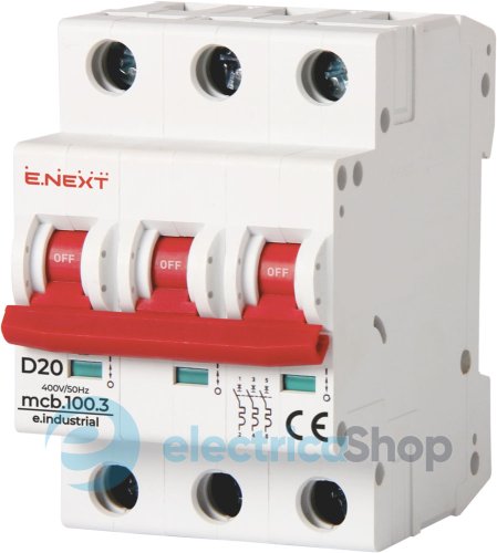 Модульный автоматический выключатель e.industrial.mcb.100.3.D.20, 3P, 20А, D, 10kA i0200004 E.NEXT