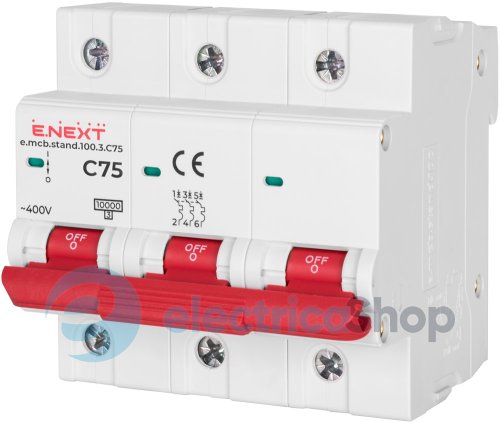 Модульний автоматичний вимикач e.mcb.stand.100.3.C75, 3P, 75А, C, 10kA, s002202 E.NEXT