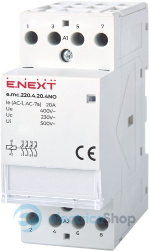 Модульний контактор e.mc.220.4.20.4NO, 4р, 20А, 4NO, 220В p005019 E.NEXT