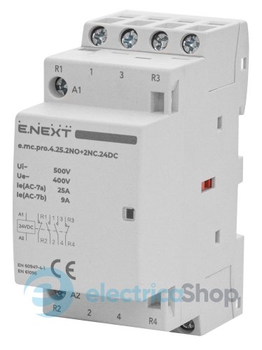 Модульний контактор e.mc.pro.4.25.2NO+2NC, 4р, 25А, 2NO+2NC, 24V/DC p005322 E.NEXT